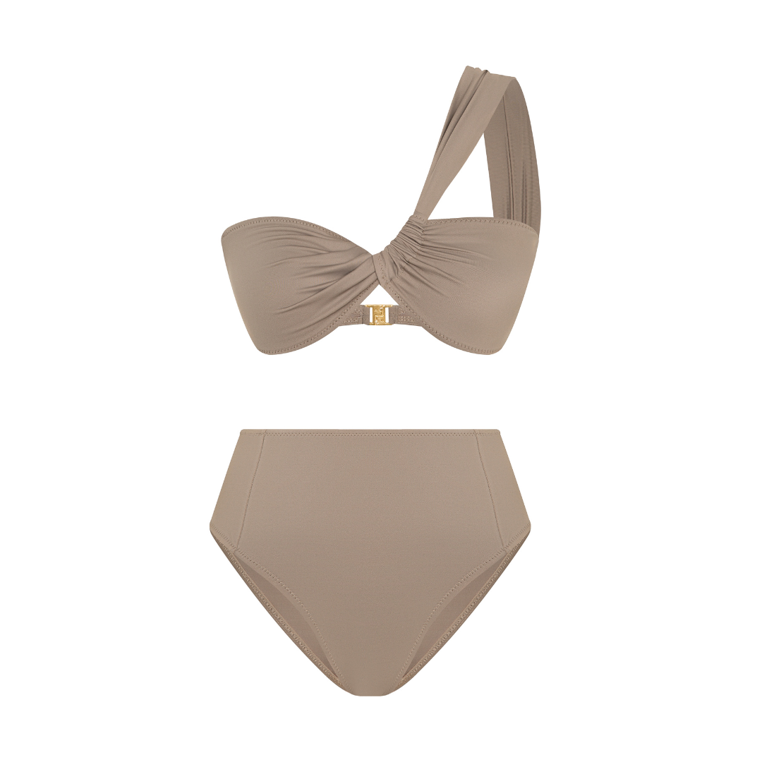 ESC2M Helena Women's Cashmere Brown One-Shoulder High-Waisted Bikini Set
